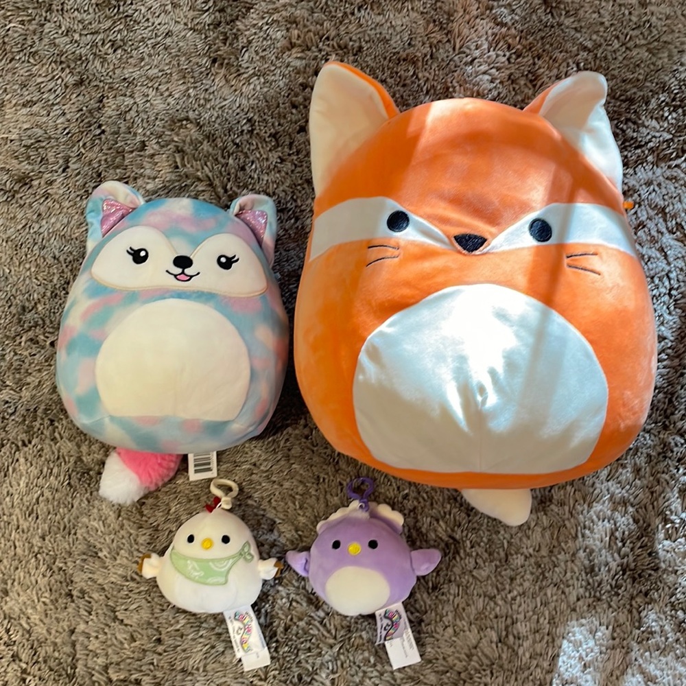 Squishmallow Pack - fox James is 12”, Coletti is 8” and the 2 keychain ones